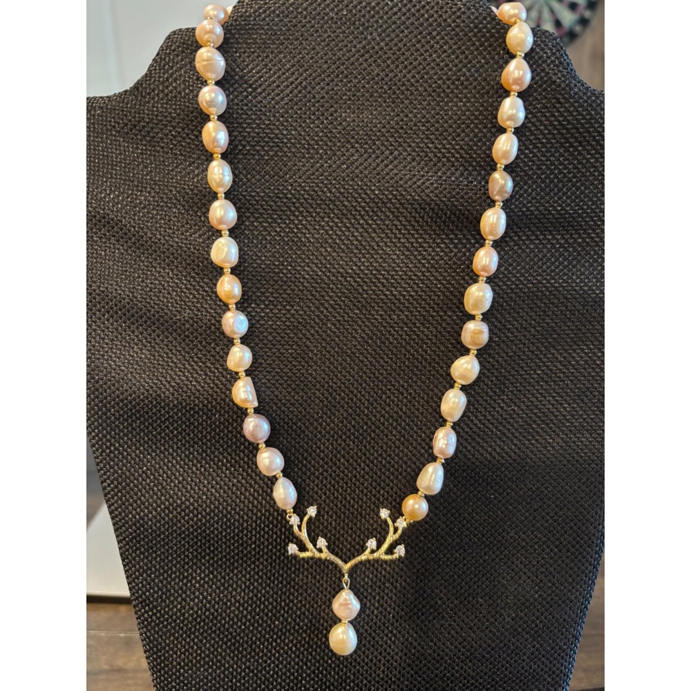 Baroque Pearl Antler Necklace Gold Tone Crystal Accents Champagne Pink Cream